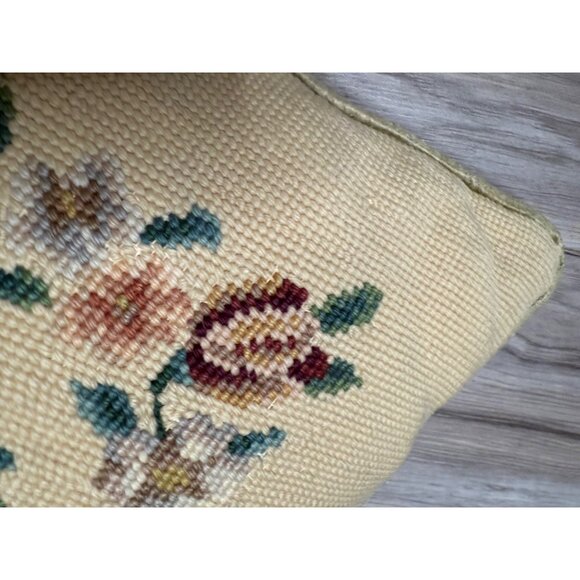 Vtg Wool Needlepoint Floral Throw Pillow Velvet  granny French country cottage - Picture 6 of 10